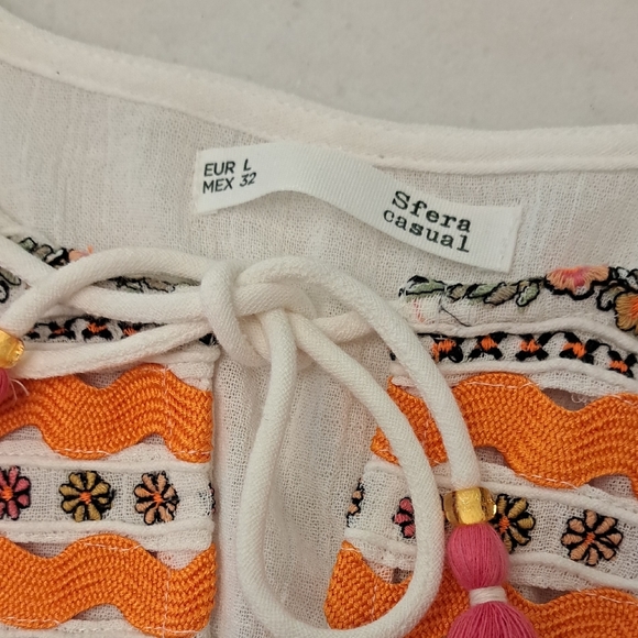 Sfera Embroidered Mexican Top - White with Orange Accents - Picture 2 of 5